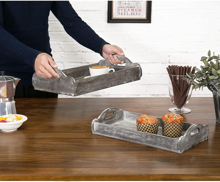 2 Pack of Distressed Country Wood Breakfast Serving Trays with Rustic Cutout Handles-MyGift