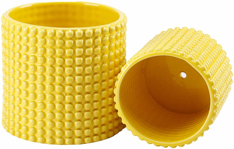Set of 2 Yellow Ceramic Hobnail Textured Vintage Style Succulent Planters Flower Pots-MyGift