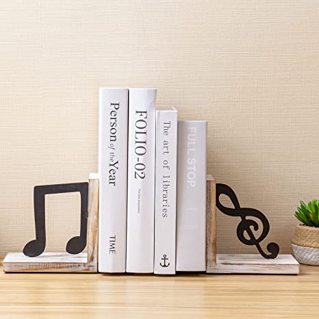Shabby Whitewashed Wood Decorative Bookends with Black Metal Musical Notes Design, 1 Pair-MyGift