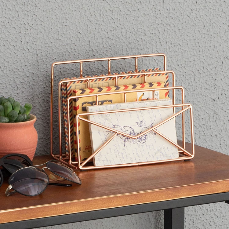 3 Slot Modern Copper Metal Wire Envelope Design Desktop Mail Sorter, Letter Holder Desk Organizer-MyGift