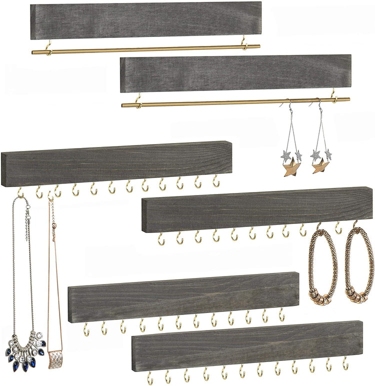 6 Piece Wall Mounted Jewelry Rack with Earring Bar and hooks, Vintage Grey Wood Organizer Set-MyGift
