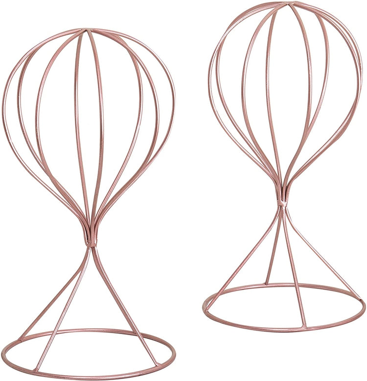 Set of 2, Modern Rose Gold-Tone Wire Design Metal Hat, Cap & Wig Rack Display Stands-MyGift