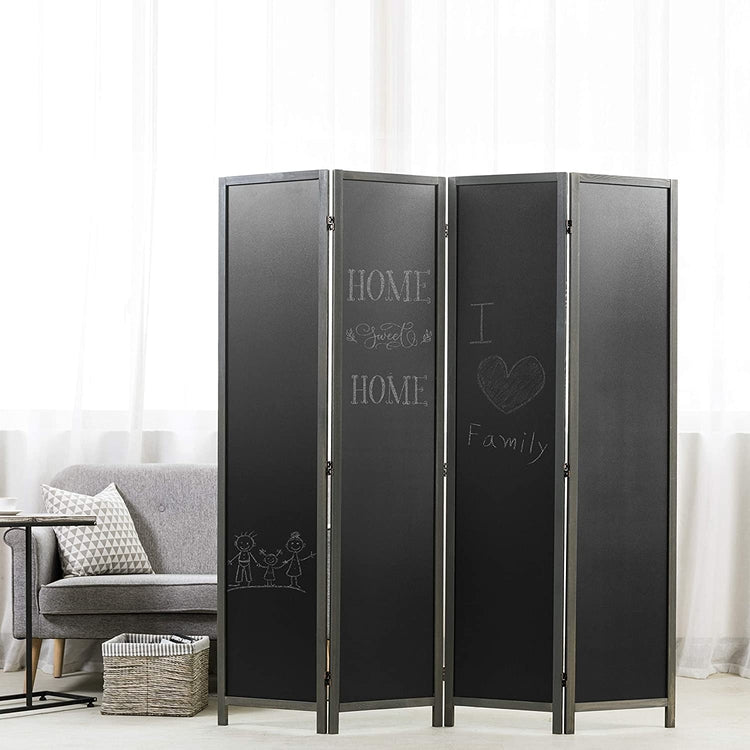 4 Panel Gray Wood Chalkboard Room Divider, Folding Writable Privacy Screen-MyGift