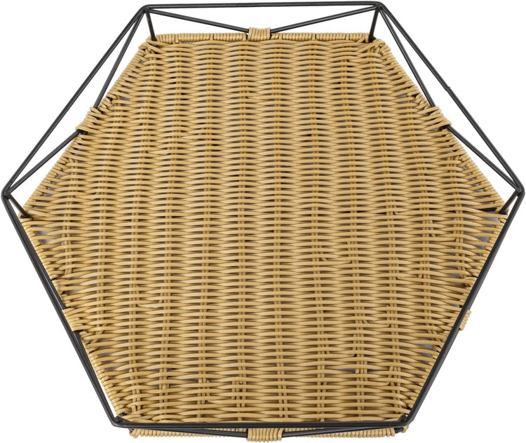 Hexagonal Brown Woven Rattan Tray with Black Metal Geometric Frame Handles-MyGift
