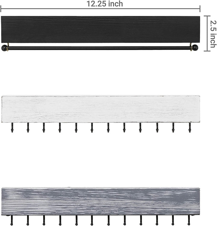Set of 3 Jewelry Accessories Hook Organizer with Earring Bar, 12-inch Matte Black Metal & Rustic Wood Racks-MyGift