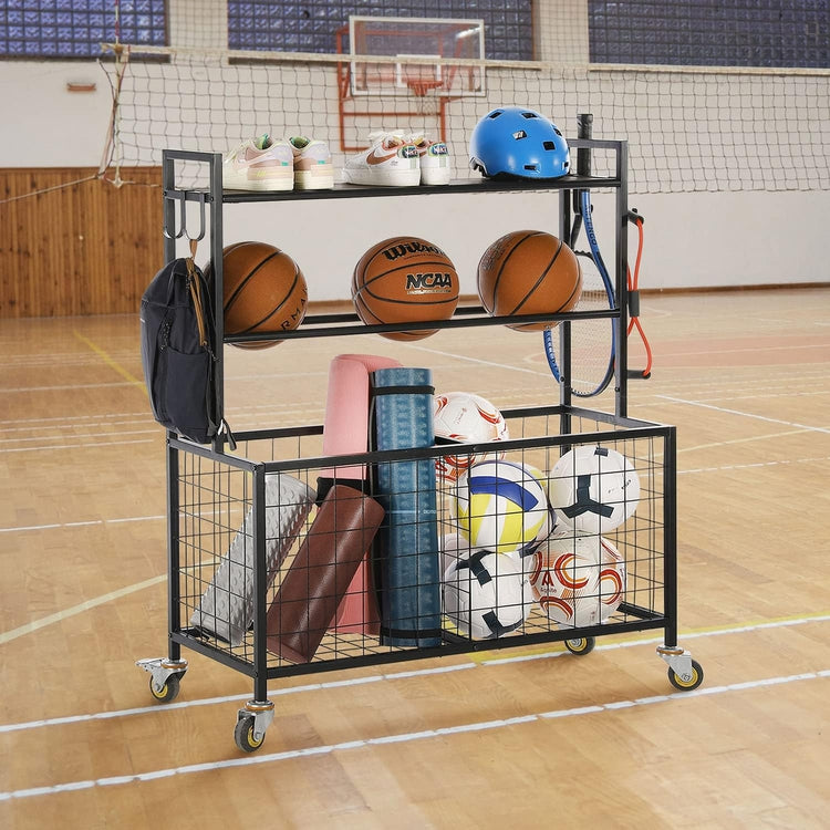 Black Metal and Burnt Wood Sports Ball Basket Cart, Gym Organizer Rack Trolley with Baskets, Hooks, and Caster Wheels-MyGift