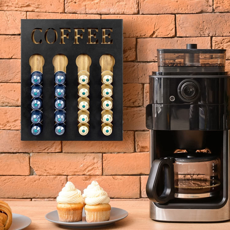 Wall Mounted Coffee Capsule Holder, Burnt Wood Black Metal Coffee Bar Organizer Storage with Cutout COFFEE Lettering-MyGift