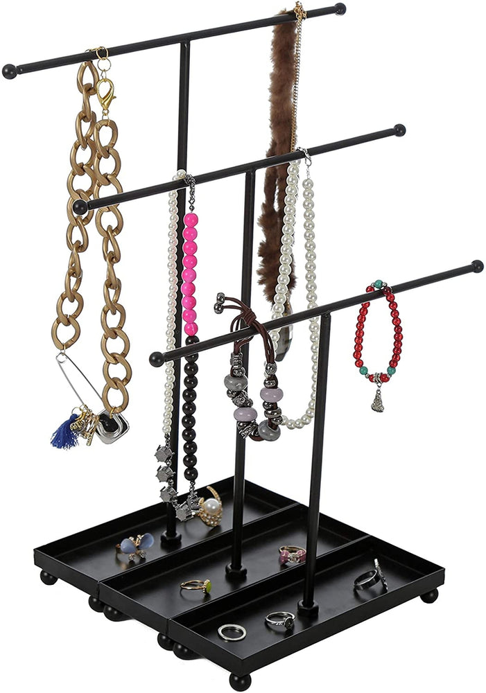 Set of 3 Modern Black Metal Jewelry Display Tree Rack with Ring Tray, Tabletop Bracelet and Necklace Organizer-MyGift