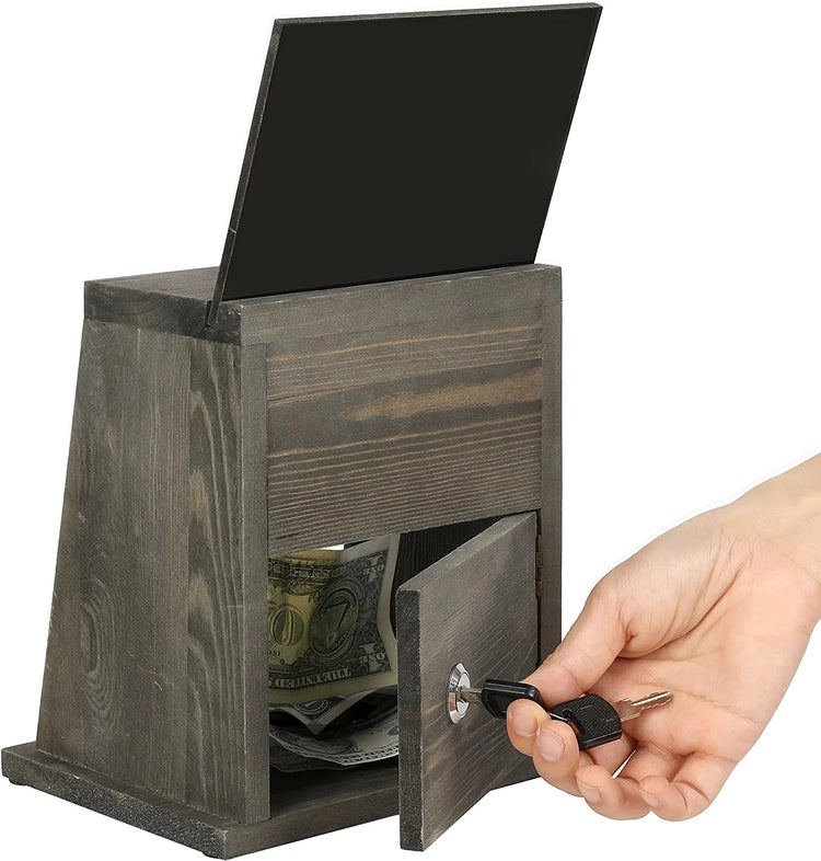 Gray Wood Tip Collection and Donation Box with Window Panel, Top Slot, Lock, Key, Removable Chalkboard, Clear Sign Holder-MyGift