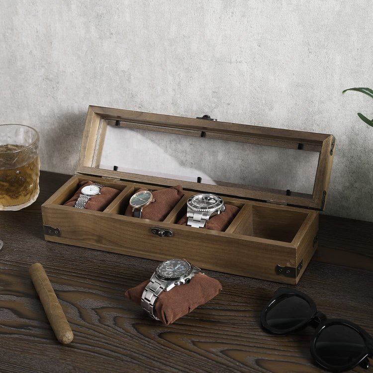 Walnut Wood Wristwatch Storage Case, Jewelry Organizer Box with Clear Acrylic Lid, Lock and Brass Metal Corner Accents-MyGift