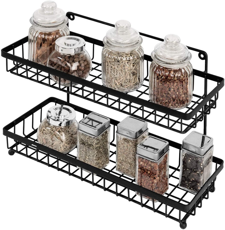 Black Metal Wall Mountable Kitchen Spice Rack, 14-Inch, 2-Tier Wire Countertop Storage Shelves-MyGift