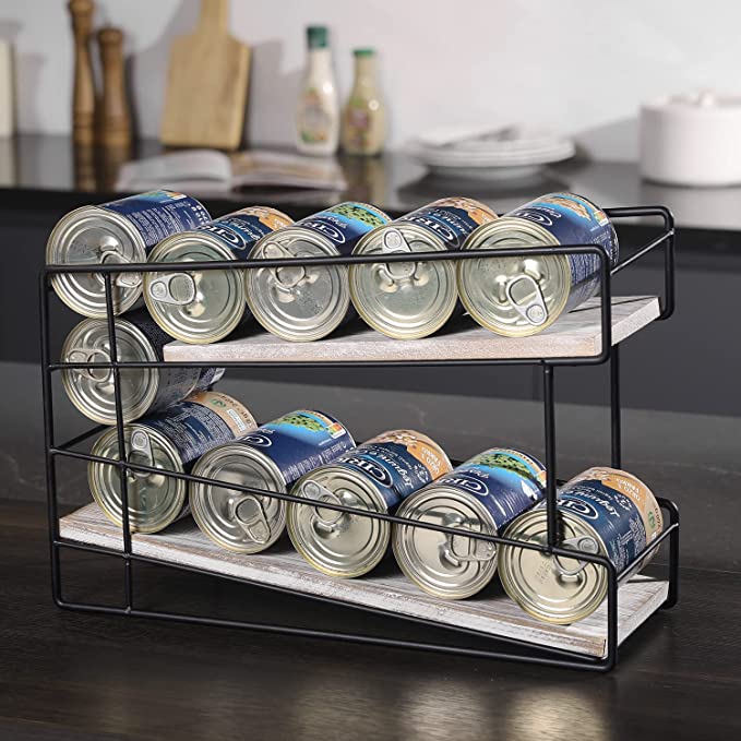 2 Tier Whitewashed Wood and Black Metal Wire Can Rack Organizer, 2-Tier Canned Food Dispenser Storage Organizer Rack-MyGift