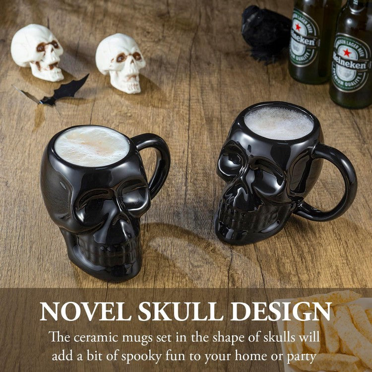 Set of 2, Gothic Novelty Drinkware, Goth Skull Shaped Black Glazed Ceramic Mugs, Halloween Skeleton Head Cups-MyGift