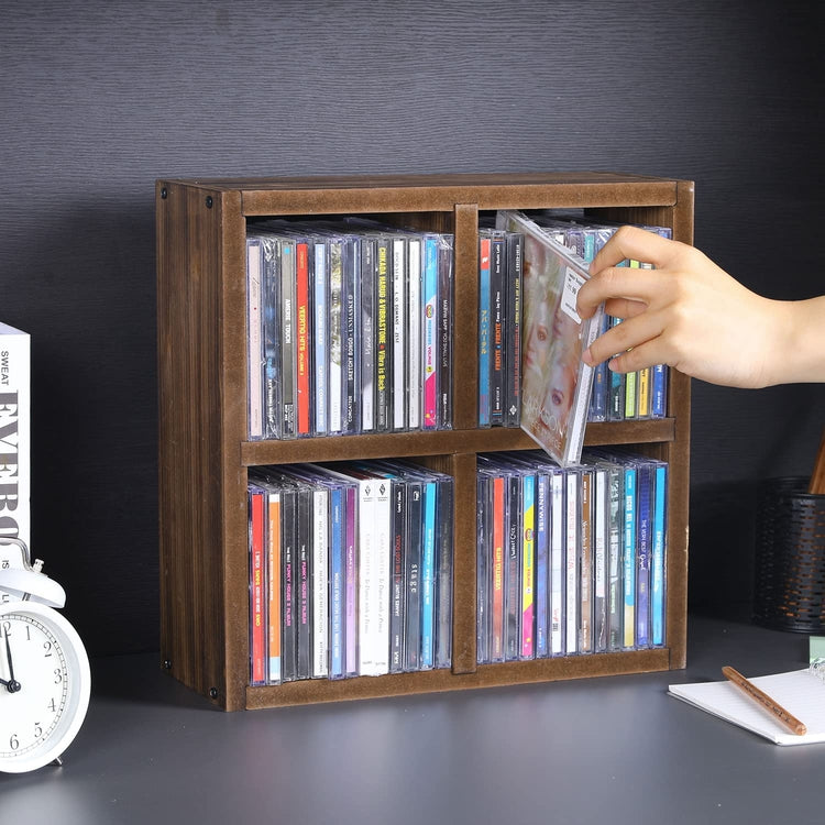 Burnt Wood Shelves Wall Mounted or Tabletop 4-Compartment CD Storage Floating Shelves-MyGift