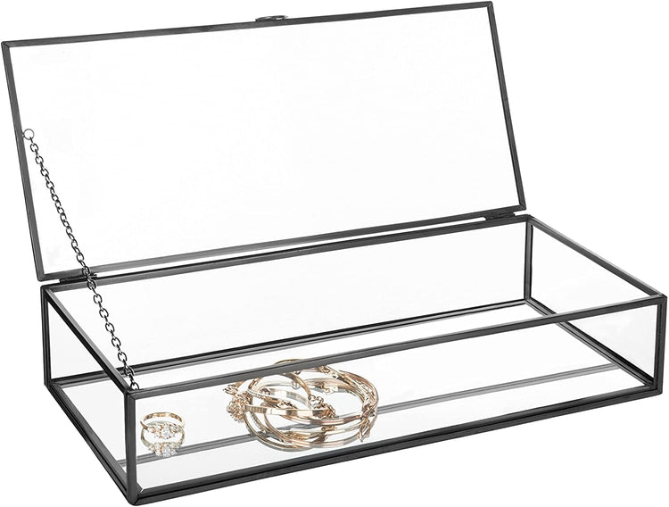 Vintage Style Black Metal & Clear Glass Mirrored Shadow Box Jewelry Display Case w/ Hinged Top Lid-MyGift
