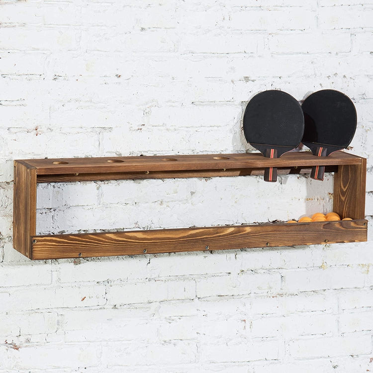 Wood Wall-Mounted Ping Pong Paddle Display Rack with Ball Storage Holder Shelf-MyGift