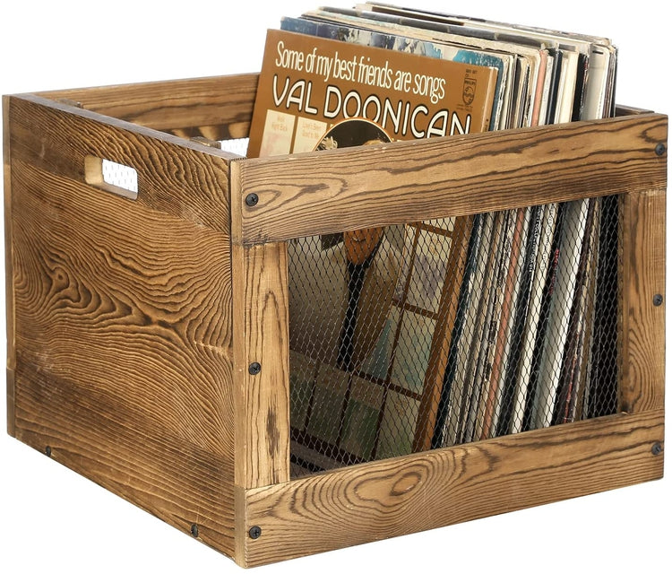 Burnt Wood Vinyl LP Record Album Holder Storage Crate with Metal Mesh Chicken Wire Sides and Handles-MyGift
