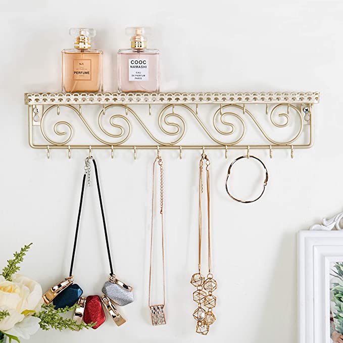 Gold-Tone Metal Wall-Mounted Jewelry & Cosmetics Shelf with 25 Necklace Hooks-MyGift