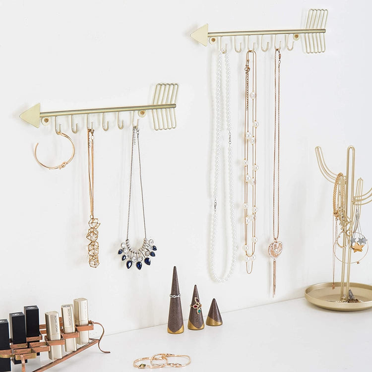 Set of 2 Brass Metal Wall Mounted Necklace Holder with 6 Hooks, Arrow Design Jewelry Organizer-MyGift