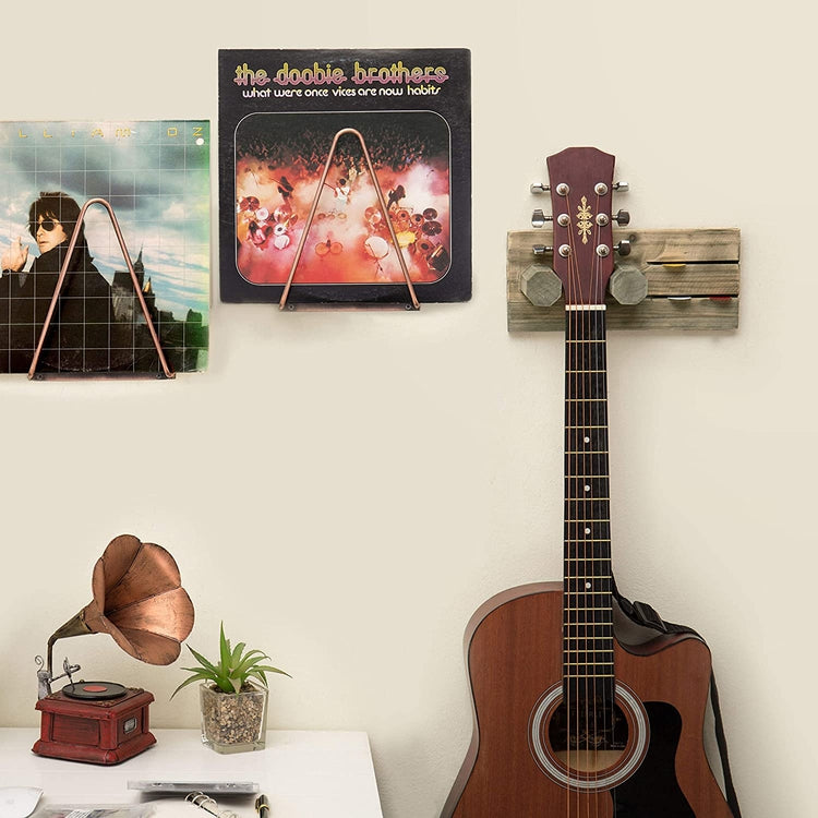 Graywashed Wood Wall-Mounted Guitar Hanging Rack w/ Pick Holder, Brown Guitar Equipment Holder-MyGift