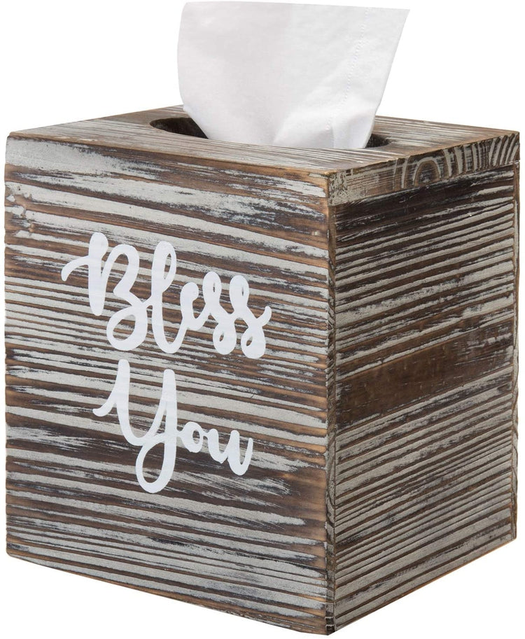 Brown Torched Wood ‘Bless You’ Decorative Square Tissue Box Holder Cover-MyGift