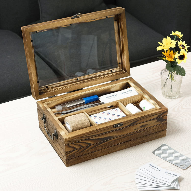 Burnt Wood Sewing Kit Box, Arts and Crafts Storage Chest with Clear Acrylic Lid and Metal Latch-MyGift