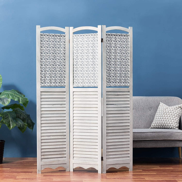 Rustic Gray on White Louvered Design Room Divider with Wood Frame & Decorative Fabric Screen w/ 3-Panels-MyGift