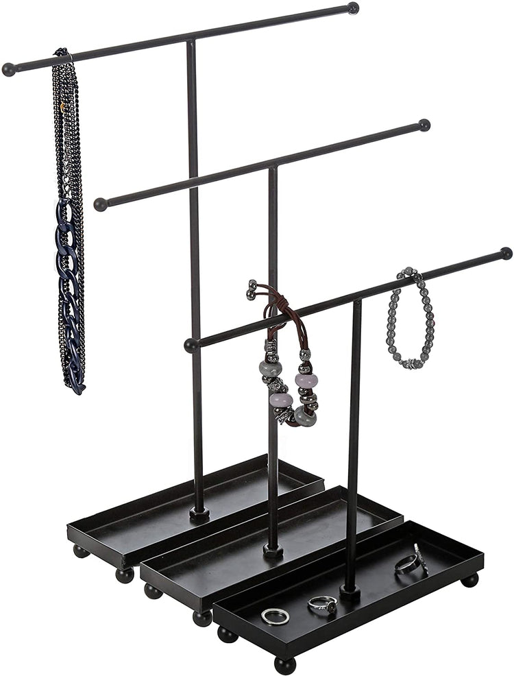 Set of 3 Modern Black Metal Jewelry Display Tree Rack with Ring Tray, Tabletop Bracelet and Necklace Organizer-MyGift