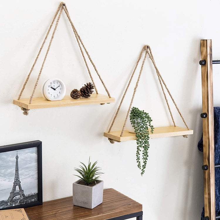 17inch Natural Unfinished Wood Wall Hanging Rope Swing Shelves, Set o