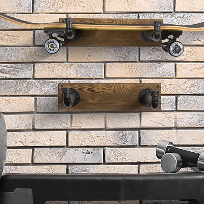 Wall Mounted Industrial Metal Pipe Longboard Skateboard Storage Rack with Burnt Solid Wood Backing, Set of 2-MyGift