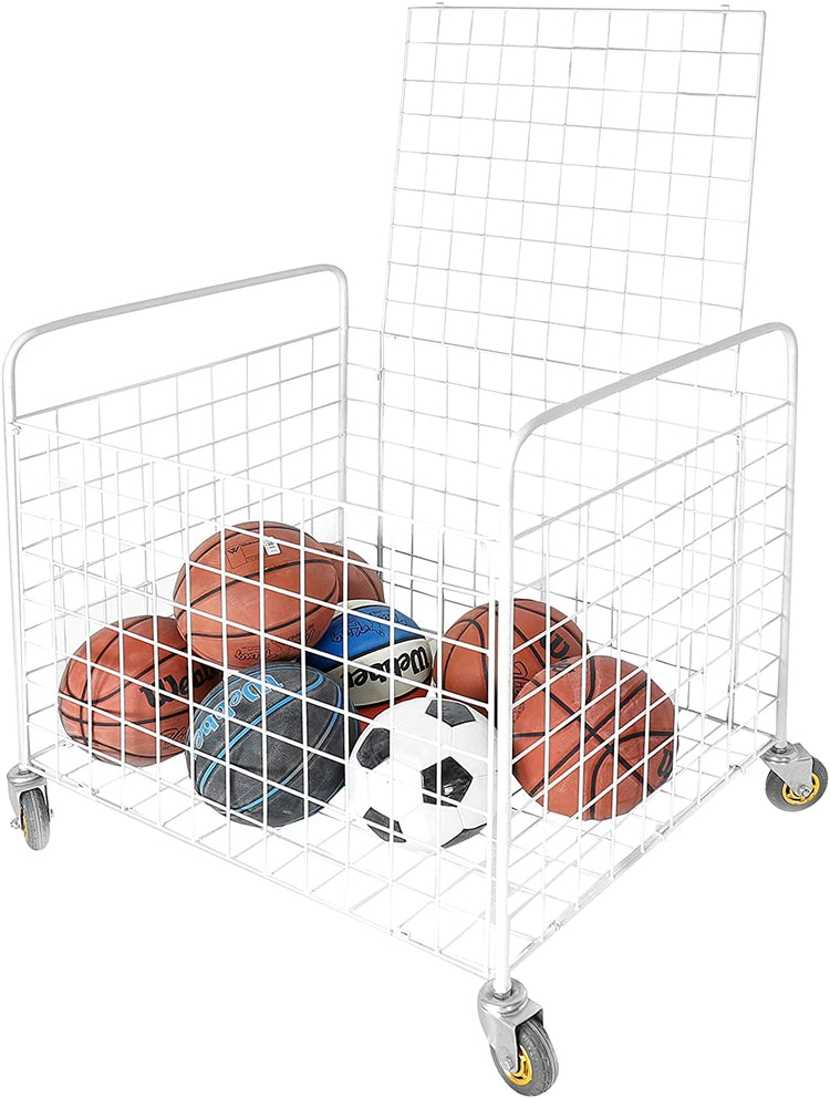 White Standard Multi Sports Rolling Ball Metal Storage Bin For Basketball, Football, Soccer Portable Equipment Cart-MyGift