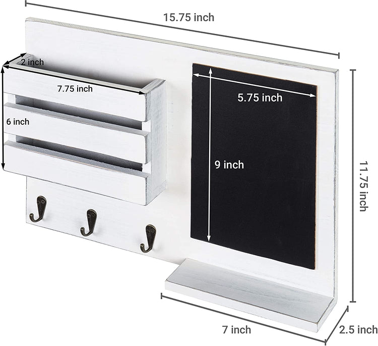 Vintage White Hanging Mail Sorter Rack with Chalkboard & 3 Key Hooks-MyGift