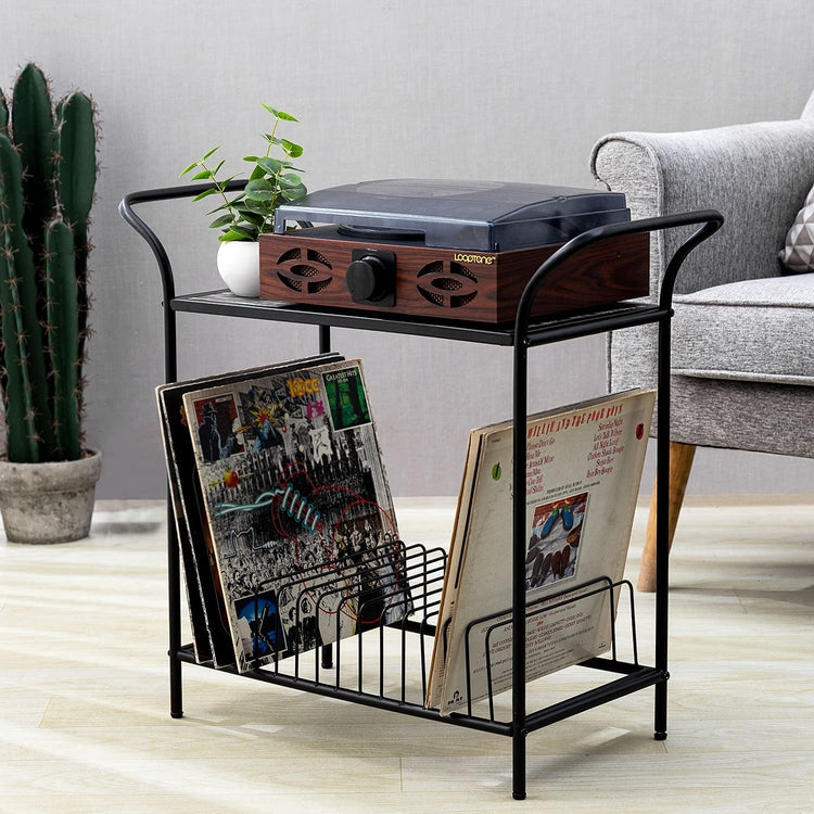 2-Tier Black Metal Turntable Record Player Stand with Torched Wood Top Shelf and Vinyl Album Storage Rack-MyGift
