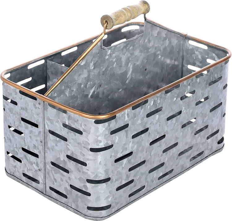 Galvanized Silver Metal Utensil Caddy with Copper Tone Edges & Wood Handle-MyGift