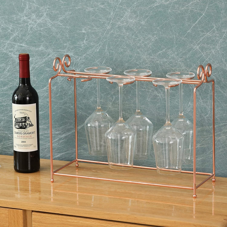Copper Metal Wire Scrollwork Design Countertop Wine Glass Holder Display, Stemware Hanger Rack-MyGift