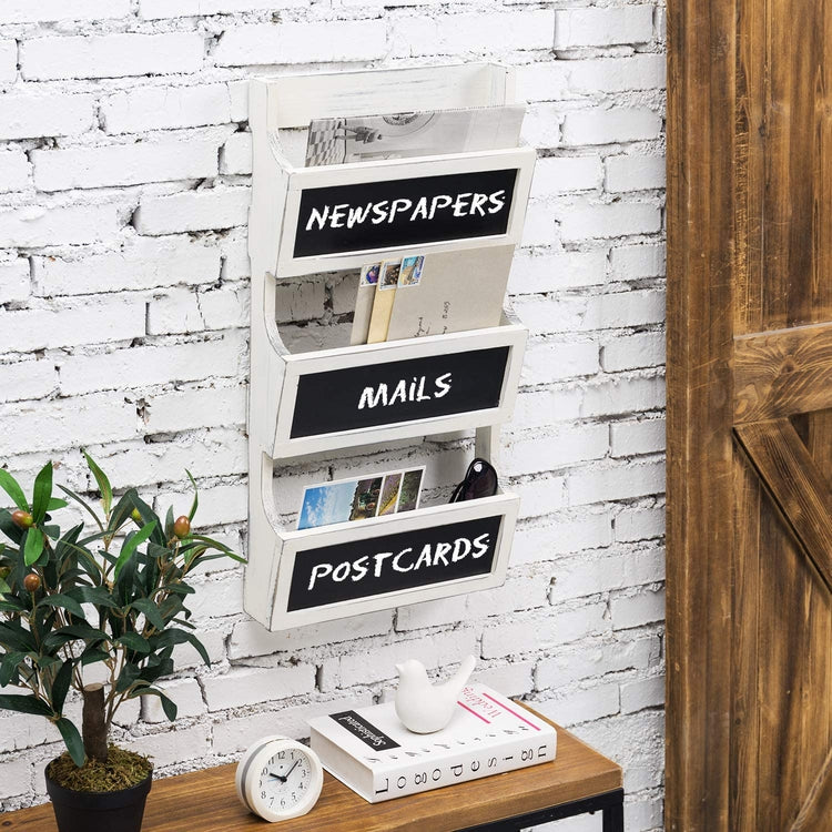 3 Slot Distressed White Wood Wall Mounted Mail Sorter, Magazine Rack with Chalkboard Labels-MyGift
