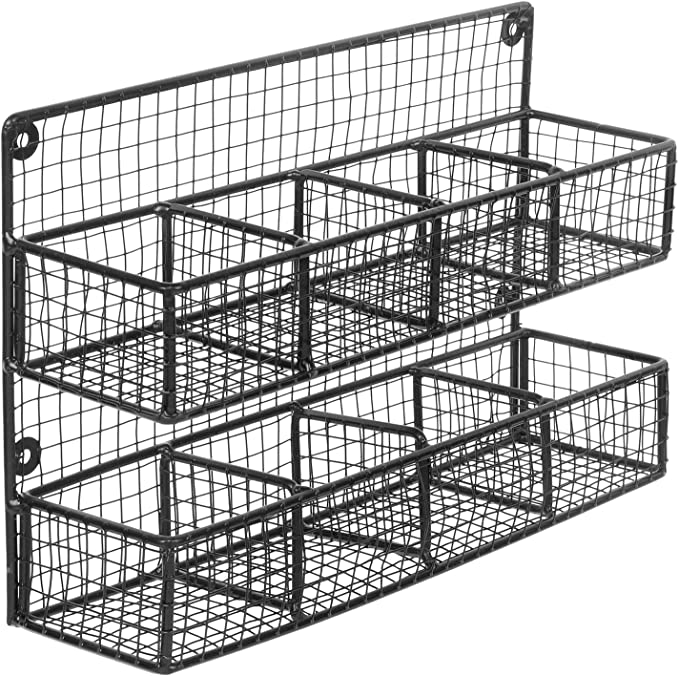 Wall Mounted Rustic Matte Black Metal Mesh Wire Tea Bag Organizer Rack with 8 Compartments-MyGift