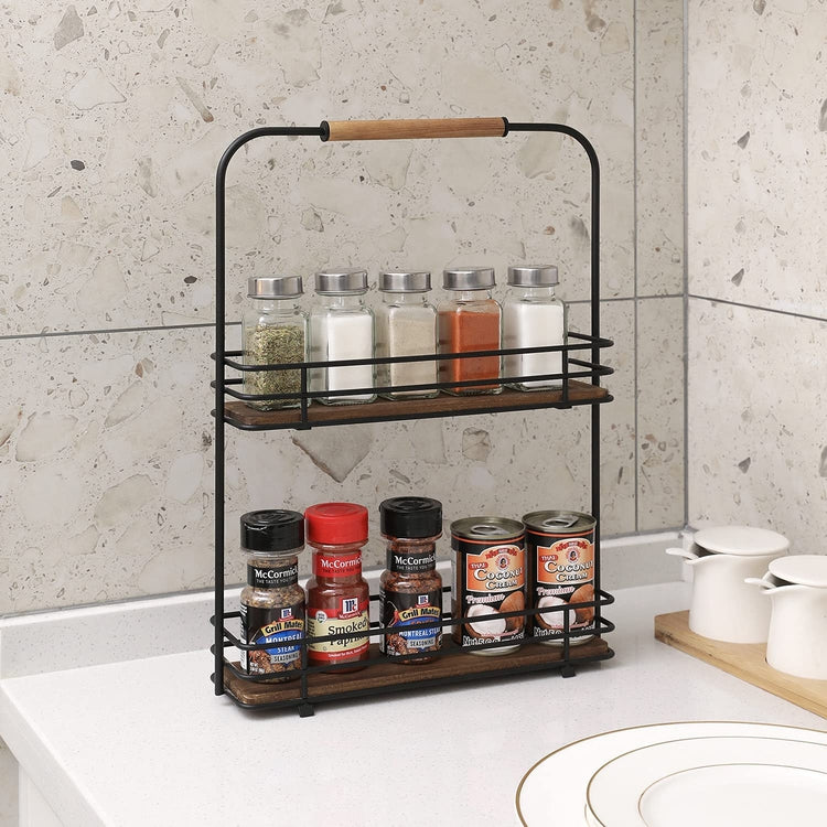 3 Tier Industrial Spice Rack, Matte Black Metal and Burnt Wood