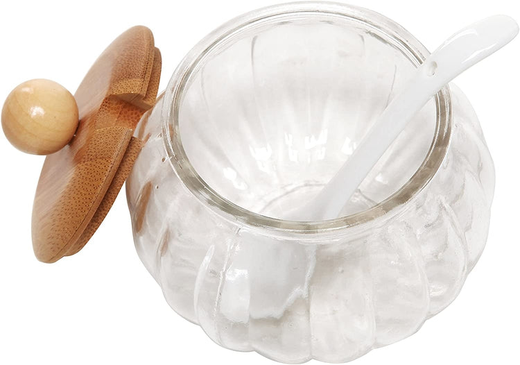 Set of 3, 16 oz Round Glass Jars with Ceramic Serving Spoons & Tiered Wood Display Rack-MyGift