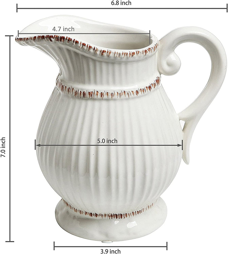White Ceramic French Country Water Pitcher Flower Vase, Decorative Vintage Bouquet Holder-MyGift