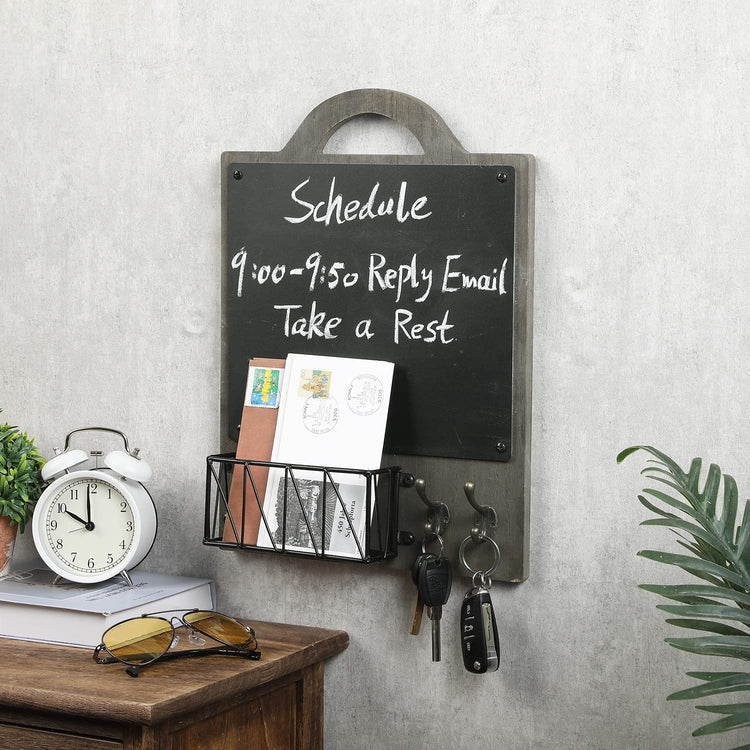 Gray Wood Entryway Wall Organizer with Mail and Key Holder, Chalkboard and Hooks, Family Organization Rack-MyGift