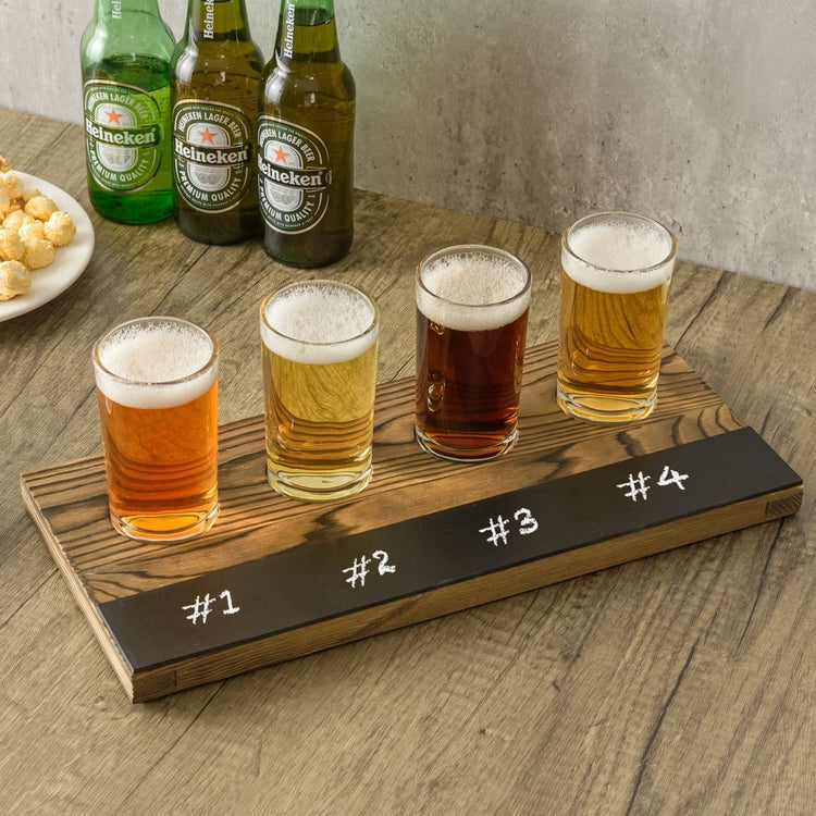 Beer Flight Board Set Includes 4 Tasting Beer Glasses, Burnt Wood Serving Tray with Chalkboard Panel-MyGift