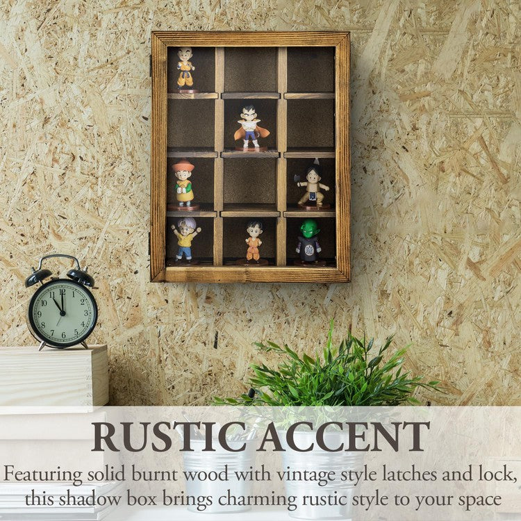 Rustic Burnt Solid Wood Shadow Box for Collectibles with Cork Back, Hinged Door with Magnetic Closure-MyGift