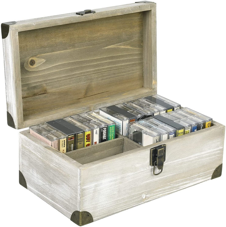 Whitewashed Brown Wood Retro Audio Cassette Tape Storage Box with Vintage Brass Metal Bracket Accents-MyGift