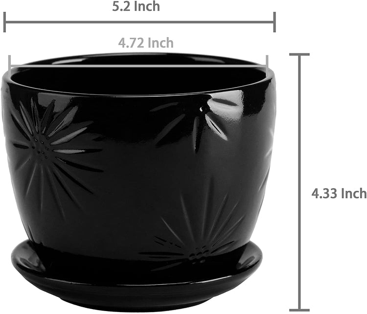 Set of 2 Black Starburst Design Flower Pots, Ceramic Planters with Saucers-MyGift