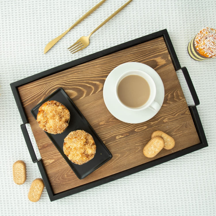 Burnt Wood Appetizer Serving Tray with Handles and Industrial Black Metal Frame-MyGift
