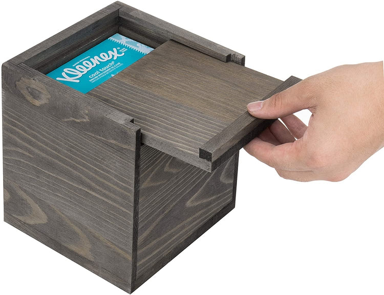 Vintage Gray Wood Square Tissue Box Cover with Slide-Out Bottom Panel-MyGift