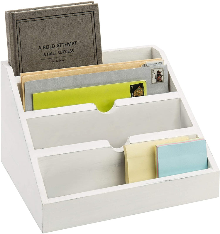 4-Compartment Vintage White Wood Desktop Mail Sorter, Office Desk Stationery Organizer-MyGift