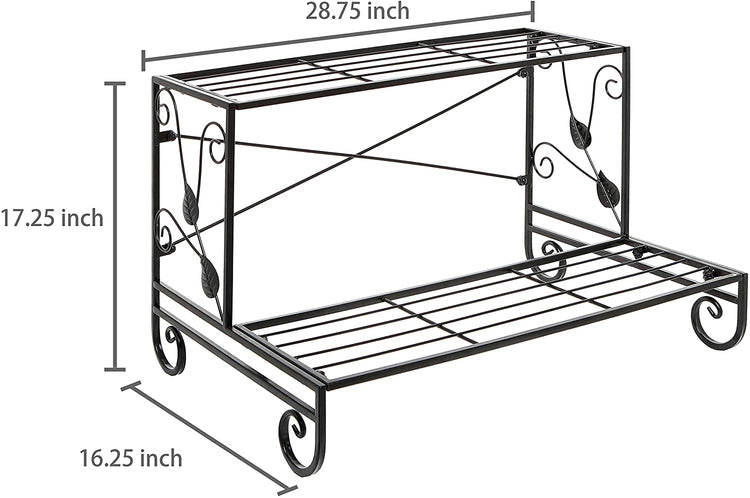 Leaf Design 2 Tier Black Metal Storage Rack, Freestanding Display Shelves with Decorative Scrollwork-MyGift