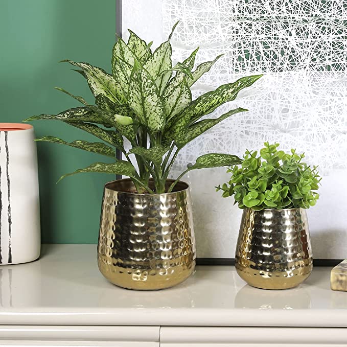 Decorative Indoor Plant Pot with Handcrafted Hammered Design, Brass Metal Succulent Planter, 2 Piece Set-MyGift